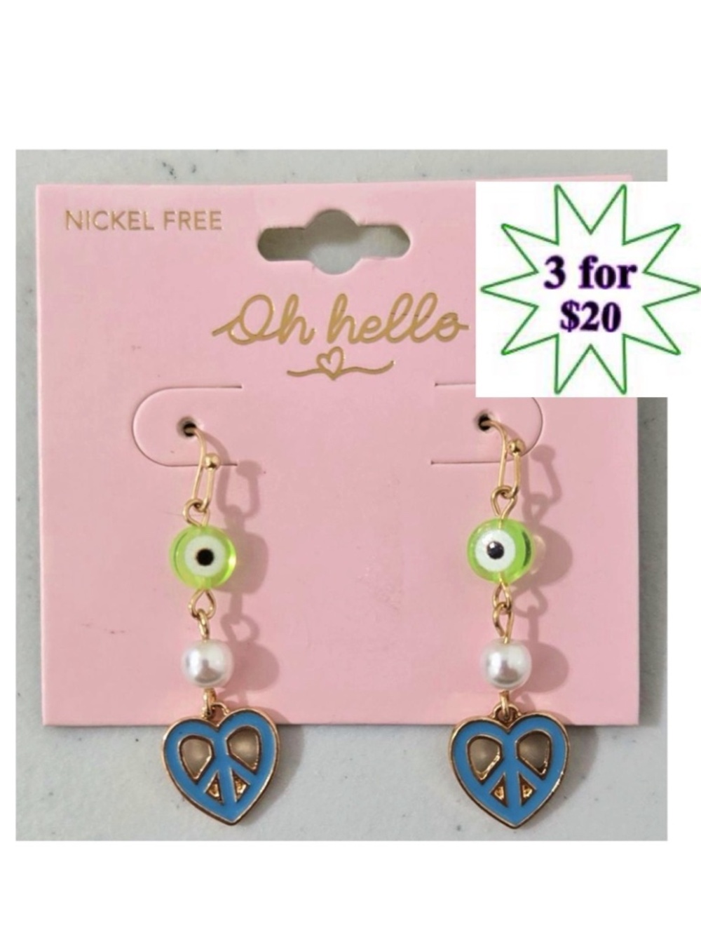 New Oh Hello Earrings Womens Fashion Jewelry Gold Dangle Drop Heart Peace NWT